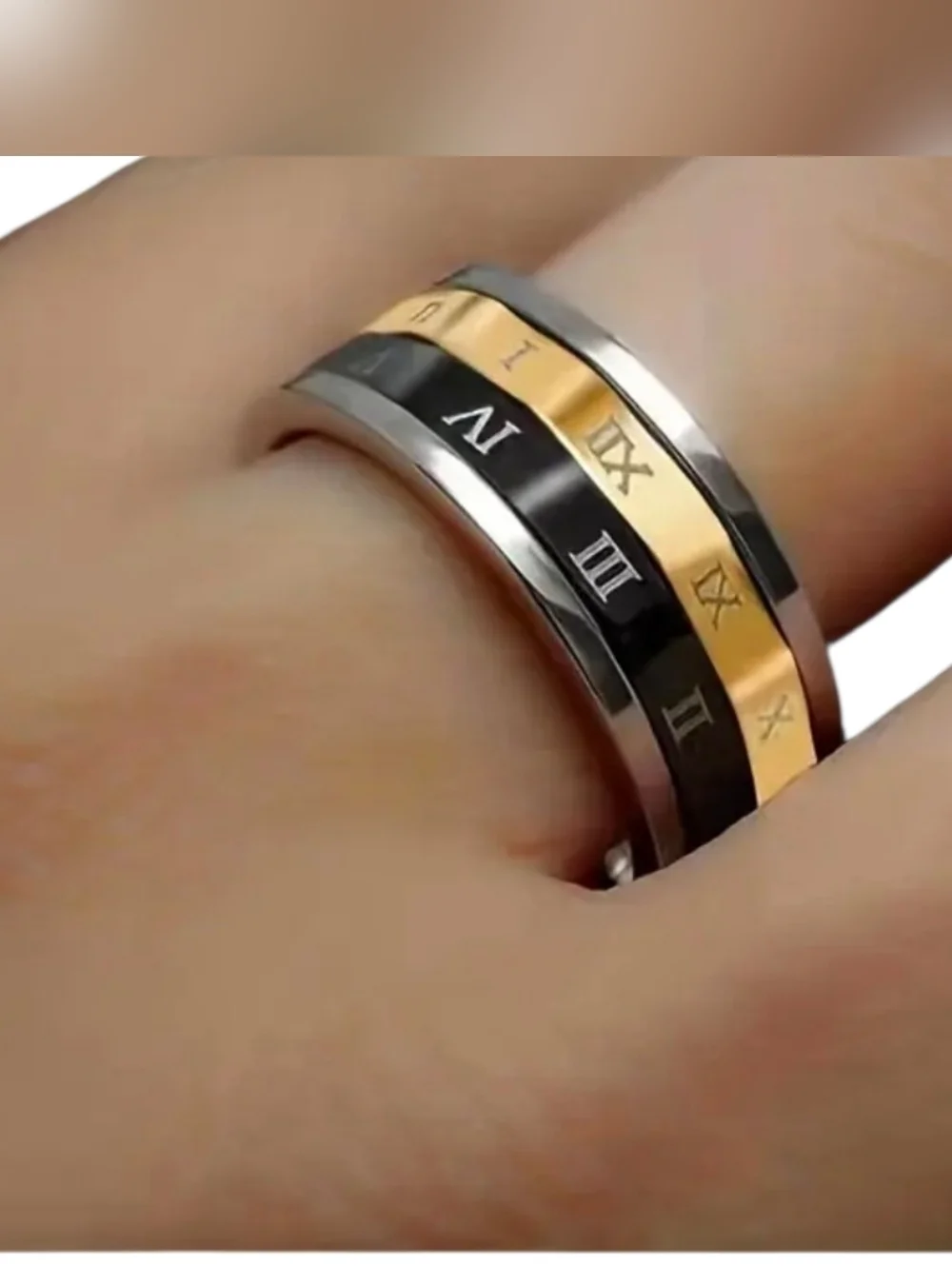 New Stainless Steel Black and Gold Roman Numeral Men’s Spinner Ring Sz 11